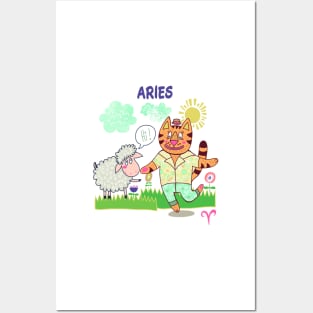 Zodiac Fun Aries Sheep and Cat Posters and Art